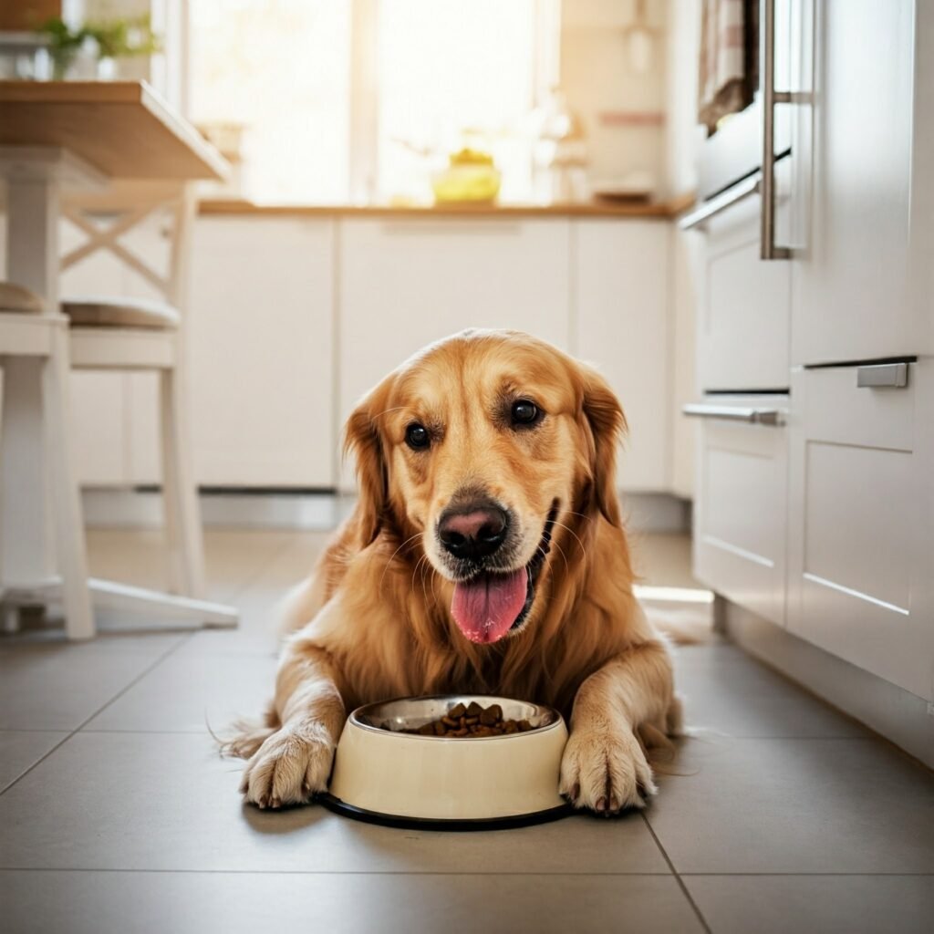 "Un perro golden retriever comiendo felizmente de su comedero en una cocina con muebles blancos.