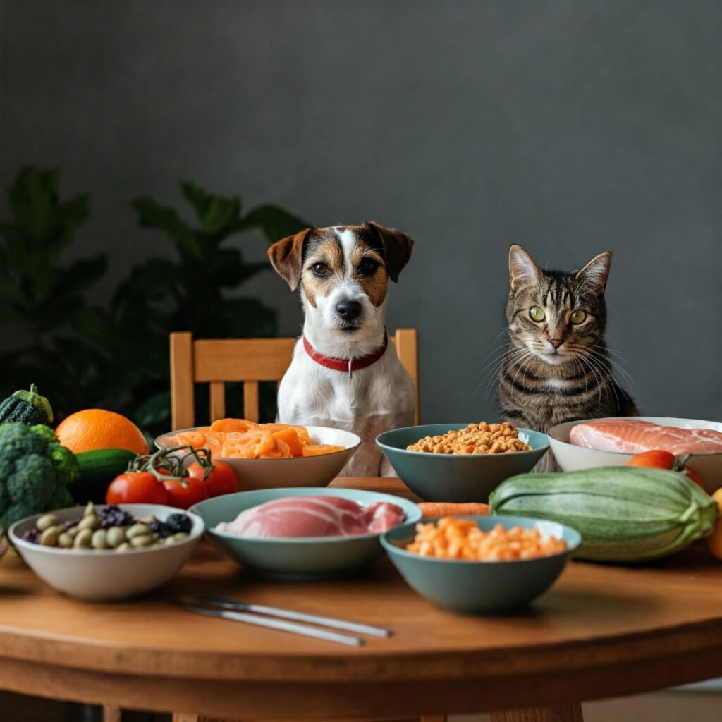 Un perro y un gato disfrutando de una comida saludable juntos.